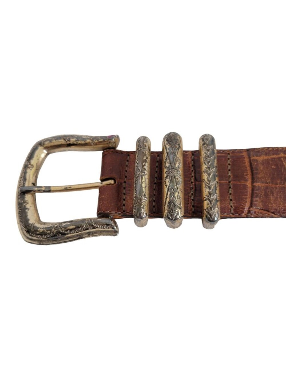 Brighton Womens Size L Belt 1993 Saddle Leather Etched Buckle Loops 49107 Brown - Picture 3 of 10
